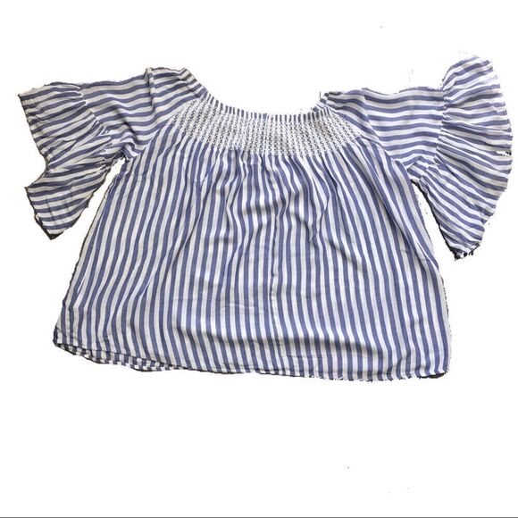 2/$20 a.n.a. Off Shoulder Striped Blue White Top - Picture 6 of 12